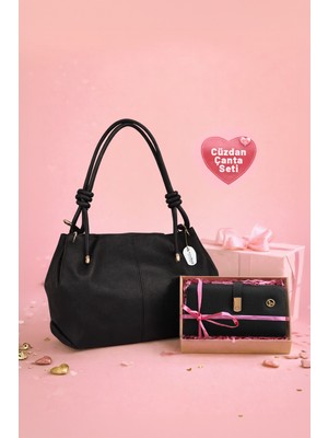 Westbag Kadın Büzgülü Dokulu Çanta ve Mıknatıslı Cüzdan Seti Hediyelik Anneler Günü Ikili Set