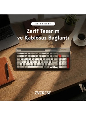 Everest Kb-88 Ruby Siyah-Gri Kablosuz 2.4g + Bluetooth Bt1 Bt2 Çoklu Cihaz Bağlantılı Türkçe Q Ince Klavye