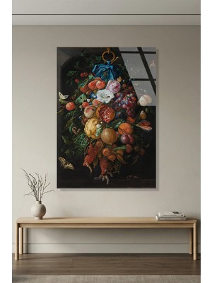 Vitraum Jan Davidsz De Heem Meyve ve Çiçek Festonu Cam Tablo Premium 4mm Uv Baskılı Kırılmaz Duvar Tablosu