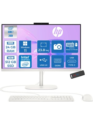 Hp Omnistudio 24-CU0015NT Intel Core 7 240H 5.2 Ghz 24GB Ddr5 512GB SSD Windows 11 Pro Dokunmatik 23.8" Fhd (1920 x 1080) 75HZ Wled IPS Beyaz All In One Bilgisayar HPD62KSEAP05+ Zetta Bellek