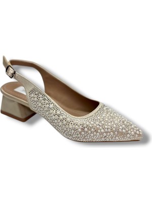 C-Shoes 2605-26 Saten Incili Taşlı Kare Topuk Arkası Açık Kadın Ayakkabı