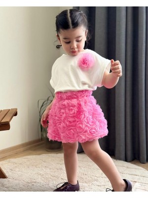 Butik Kız Çocuk Pamuklu 3 Boyutlu Gül Detaylı Etekli 2'li Takım