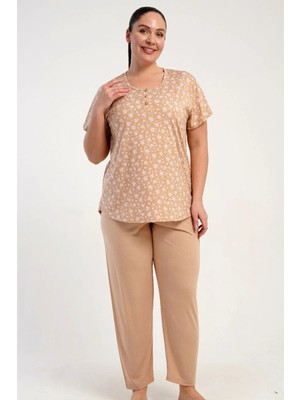 C&city Büyük Beden Bisiklet Yaka Yarım Düğmeli Pijama Takımı Açık Kahve-512251