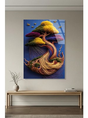 Vitraum Renkli Hayat Ağacı ve Mistik Bonsai Tasarımı Cam Tablo Uv Baskılı 4mm Kırılmaz, Ev Ofis Dekorasyonu