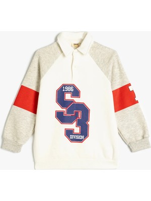 Koton Polo Yaka Sweatshirt Kolej Temal Baskılı Uzun Kollu Şardonlu