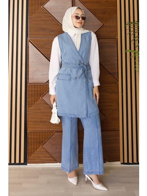Moda Mihram Kemer Detaylı Ikili Kot Takım Buz Mavisi 19232