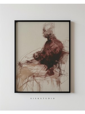 Ninastore Soyut Oturan Figür Duvar Sanatı - Modern Minimal Figüratif Sanat - Koyu Bordo Kahverengi Tonları