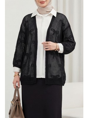 Moda Morfo Fiyonk Desenli Ajurlu Triko Hırka -Siyah