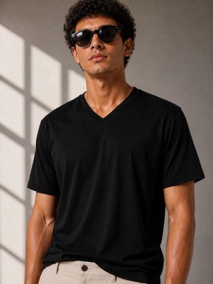 MidasTech Erkek V Yaka Basic Tişört Kısa Kol Yazlık Regular Fit T-Shirt - Siyah