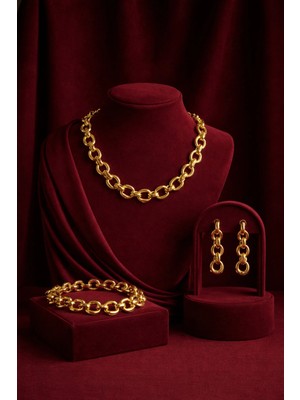 Constanza Exclusive Urban Glow Altın Kaplama Zincir Tarz Kolye Bileklik Küpe 3'lü Takı Seti Şık Tasarım