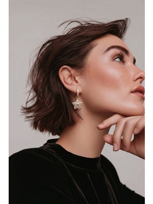 Lykos Kadın Gold Zirkon Taşlı Yıldız Küpe - Işıltılı Sallantılı Halka Küpe