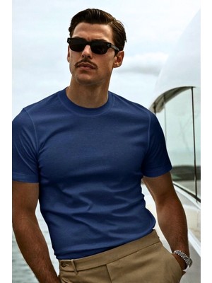 Guaraz Erkek Lacivert Slimfit Dar Kesim Bisiklet Yaka %100 Organik Pamuk Düz Basic Yazlık T-Shirt