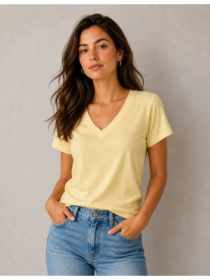 Organickid Basic Kadın V Yaka Bej T-Shirt