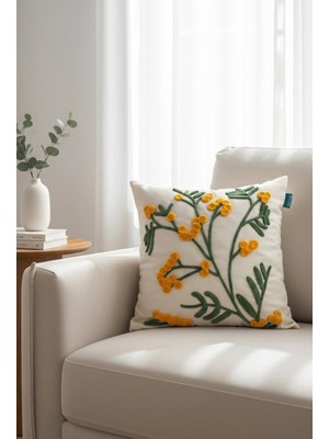 Rolivs Sarı Çiçekli Kır Dalı Dekoratif Kırlent Kılıfı 47X47 cm Fermuarlı Yıkanabilir (NK2607)