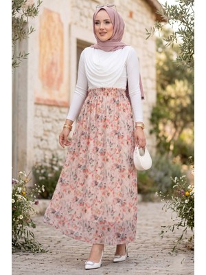 MDS Floral Desenli Beli Lastikli Şifon Tül Etek Krem