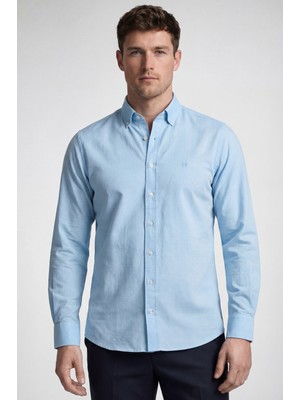 Bisse Regular Fit Uzun Kol Keten Paşa Yaka Cepsiz Turkuaz Erkek Gömlek BSGMKTN25326_D31