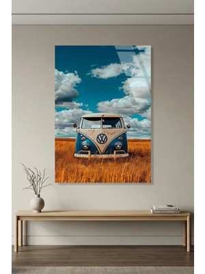 Vitraum Retro Volkswagen Minibüs ve Buğday Tarlası Cam Tablo Premium 4mm Uv Baskılı Kırılmaz Duvar Tablosu