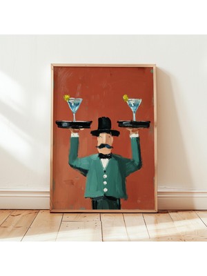 Ninastore Neşeli Garson Sanat Baskısı - Vintage Kokteyl Saati Dekorasyonu - Martini Bar Arabası Duvar Sanatı