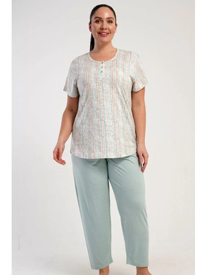 C&city Büyük Beden Bisiklet Yaka Yarım Düğmeli Pijama Takımı Açık YEŞIL-512249