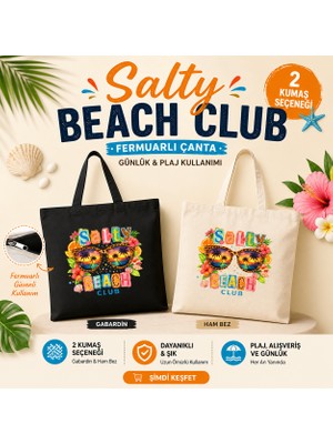 Tişört Kodu Salty Beach Club Fermuarlı Bez Çanta – Siyah Gabardin & Bej Ham Bez Tote Bag