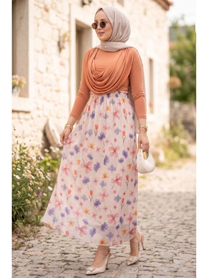 MDS Bohem Stil Çiçekli Beli Lastikli Şifon Tül Etek Krem