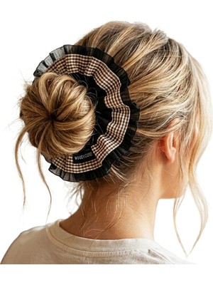 Woodycord El Yapımı Hacimli Scrunchie Topuz Tokası  Ekoseli Fırfırlı Tasarım