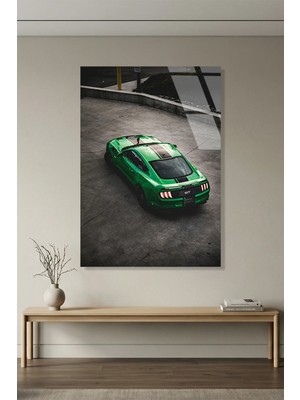 Vitraum Beton Zeminde Yeşil Mustang Gt Araba Cam Tablo Uv Baskılı 4mm Kırılmaz, Ev Ofis Dekorasyonu