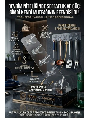 Transformacion 2'li Set Sihirli Askı 5'li Şeffaf Yapışkanlı Kanca Banyo Mutfak Askılığı 723127