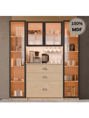Flances Ladin Mdf Kahve Köşesi Dolabı Çekmeceli Işıklı