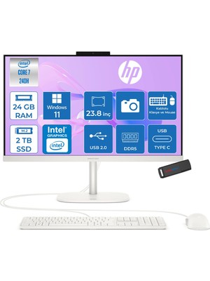Hp Omnistudio 24-CU0015NT Intel Core 7 240H 5.2 Ghz 24GB Ddr5 2tb SSD Windows 11 Pro Dokunmatik 23.8" Fhd (1920 x 1080) 75HZ Wled IPS Beyaz All In One Bilgisayar HPD62KSEAP07+ Zetta Bellek