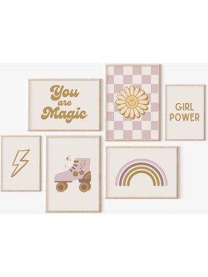 Ninastore Groovy Girl Baskısı - 6'lı Set - Kız Gücü - Groovy Daisy Baskısı - Pembe Hardal Çocuk Odası - Boho