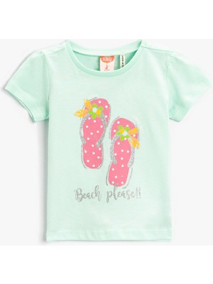 Koton Kız Bebek Mint Renk Baskılı Kısa Kollu Tişört Pamuklu Günlük Stil