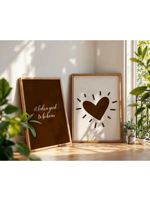 Ninastore Kahverengi Kalp Duvar Sanatı 2'li Seti | Ev Dekorasyonu Için Alıntı Baskıları | Minimalist Yatak