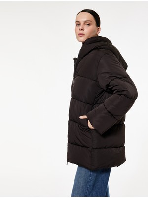 Koton Fermuarlı Uzun Kollu Su Itici Kapüşonlu Oversize Şişme Mont