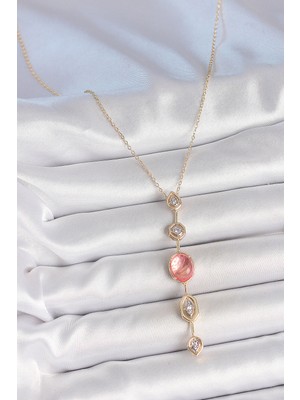 Youday Accessories Pirinç Zincir Pembe Gold Renk Zirkon Taşlı Y Kolye