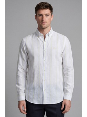 Bisse Erkek Regular Fit Uzun Kol Keten Paşa Yaka Sarı Gömlek BSGMKTN25329_D17