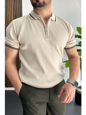 Edwox Erkek Polo Yaka Çizgili Tişört Krem EDW472