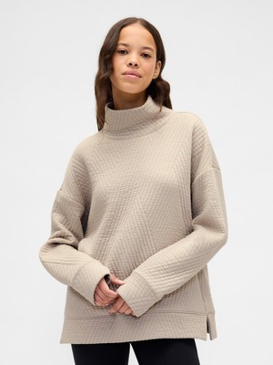 Gap Kadın Bej Gapfit Karo Desenli Jakarlı Triko Funnel-Neck Sweatshirt