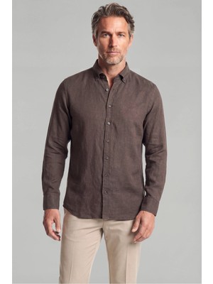 Bisse Regular Fit Paşa Yaka Cepsiz Sedef Düğmeli Koyu Kahve Erkek Gömlek GMKTN250011_D12