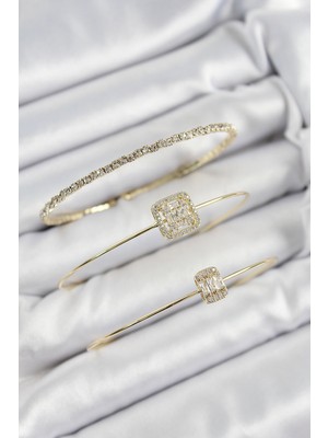 Bezos Pirinç Zirkon Taşlı Baget Model Gold Renk Vip 3'LÜ Kadın Bileklik