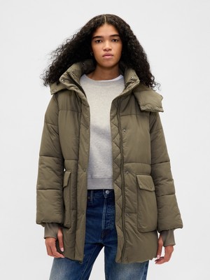 Gap Kadın Haki Faux Fur-Trim Midi Puffer Şişme Mont