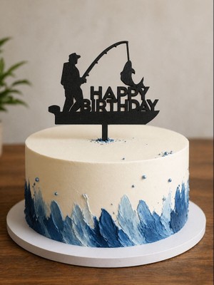 Hediyebigi Doğum Günü Pasta Süsü Balıkçı Temalı Happybirtday 11X13 Ölçülerinde