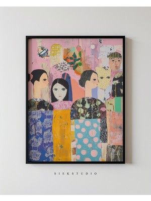 Ninastore Renkli Soyut Figüratif Sanat - Modern Insanlar Kolaj Baskı Dokulu Çağdaş Karma Teknik Duvar Sanatı