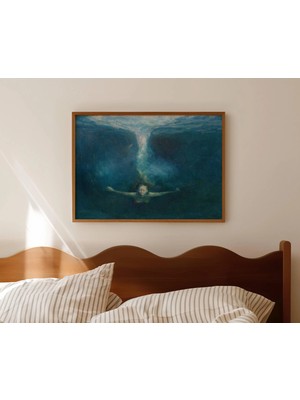 Ninastore Minimalist Soyut Kadın Sualtı Dalışı Yağlı Boya Tablo Baskısı - Yatak Üstü Yatay Duvar Sanatı -