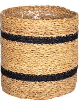 Herdekora Hasır Sepet, Siyah Şeritli, Naturel - Naylon Içli, 21,5X21,5 cm