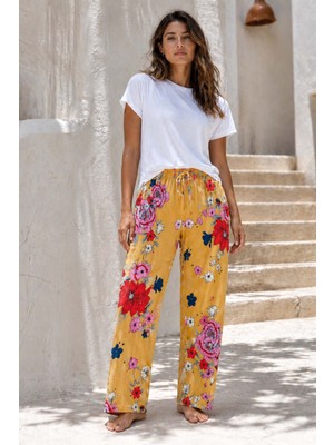 Remsa Büyük Beden Kadın Viskon Kumaş Çiçek Desen Penye Battal Tek Pijama Alt 17 Sarı