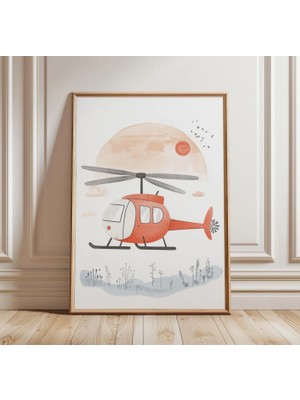 Ninastore Helikopter Posteri | Çocuk Odası Duvar Sanatı | Sevimli Uçak Illüstrasyonu | Minimalist Çocuk Odası