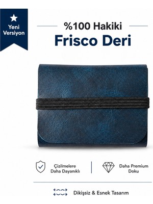 Oh Deer Leather Hakiki Deri Kartlık Dikişsiz ve Lastikli Tasarım - Mavi