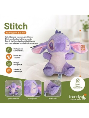 Tigoes Mor Stitch Peluş Oyuncak 25 cm Ikonik Karakter Tasarımlı Yumuşak Uyku Arkadaşı Sevimli Hediyelik Figür
