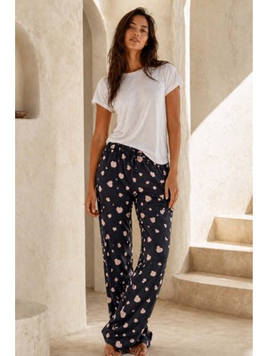 Remsa Büyük Beden Kadın Viskon Kumaş Pembe Kalp Desen Penye Battal Tek Pijama Alt 18 SIYAH03
